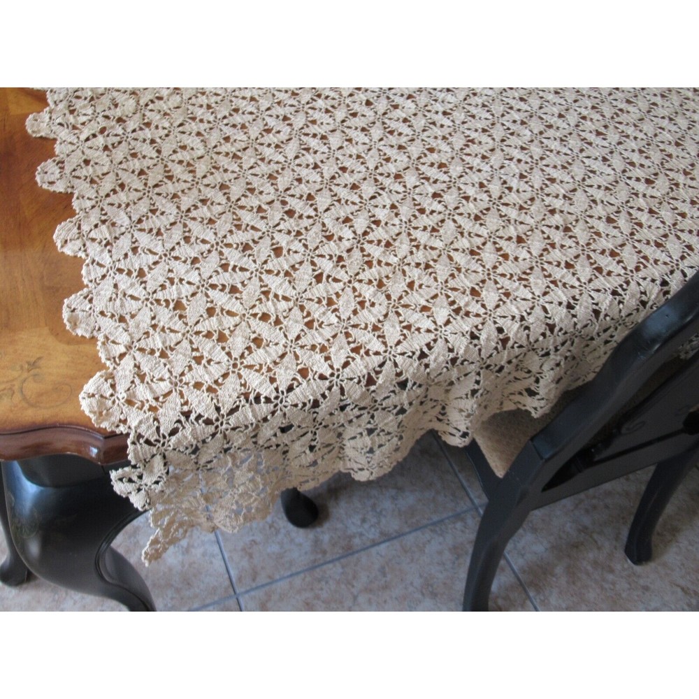 Vintage Handmade Beige CROCHET LACE TABLECLOTH Coverlet Bed Topper 59"x79" - Picture 4 of 14